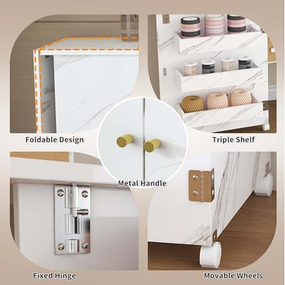 4-in-1 Folding Sewing Table with Storage, Sewing Desk Foldable with Lockable Wheels & Power Socket, Sewings Machine Cabinet & Craft Desk with Shelves, Compact Design (White, 57 Inch) - color: White, size: 57 Inch