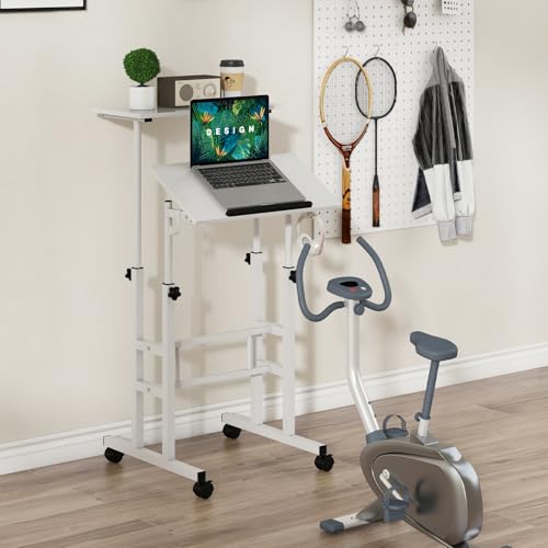 Tangkula Mobile Standing Desk, Height-Adjustable Laptop Podium Cart with Tilting Tabletop & Adjustable Angle, Rolling Stand Up Computer Desk with 2 Hanging Hooks & Lockable Casters for Home Office - color: White