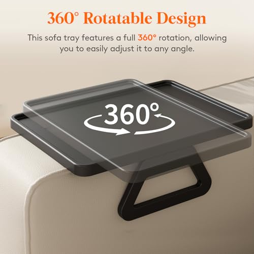 Lifewit Plastic Rotating Couch Armrest Table, Adjustable Sofa Arm Clip Holder Tray for Snack/Fast Food/Fruit/Drink, Large Foldable Stable Sofa Table with Reinforced Clamp, Black - color: Black