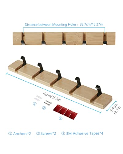 JSVER Wooden Coat Hooks Coat Rack Wall Mount, Space-Saving Coat Rack with 5 Standard Retractable Hooks, Hat Coat Hook for Entryway, Hallway, Bathroom, Living Room, Bedroom - size: 16.5 Inch 5 Hooks