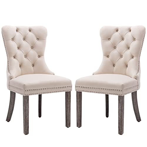KCC Velvet Dining Chairs Set of 2, Upholstered High-end Tufted Dining Room Chair with Nailhead Back Ring Pull Trim Solid Wood Legs, Nikki Collection Modern Style for Kitchen, Beige - color: Beige, size: Set of 2