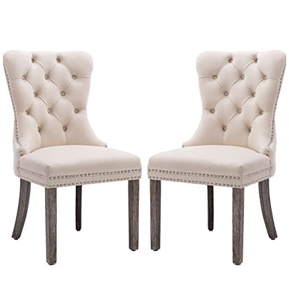 KCC Velvet Dining Chairs Set of 2, Upholstered High-end Tufted Dining Room Chair with Nailhead Back Ring Pull Trim Solid Wood Legs, Nikki Collection Modern Style for Kitchen, Beige - color: Beige, size: Set of 2