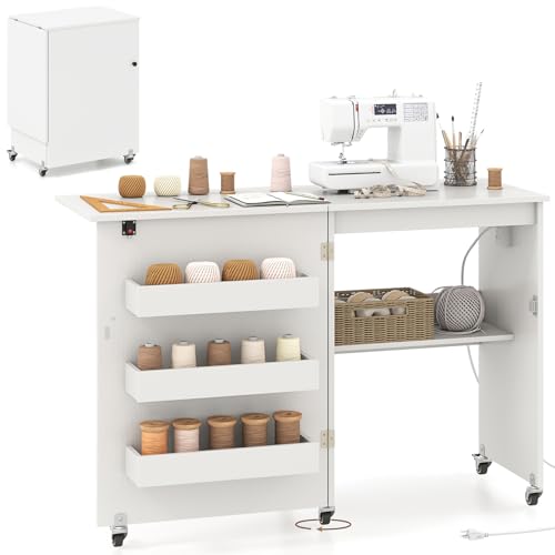 DREAMADE Folding Sewing Table with Storage, Craft Table w/Charging Station, 5 Lockable Wheels, Storage Bins & Shelf, Sewing Machine Desk for Home Office, Apartment, Studio (White) - color: White