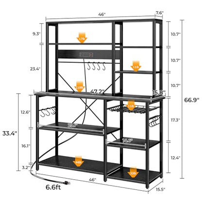 SUPERJARE Larger Bakers Rack with Power Outlets, 6-Tier Microwave Stand, Coffee Bar with 12 S-Shaped Hooks, Kitchen Shelf with Wire Basket, 47.2 x 15.5X 66.9 Inches, Black - color: Black, size: 47.2inch