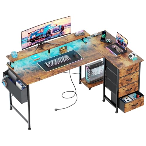 VERMESS 63" Reversible L Shaped Gaming Computer Desk, Corner Desk with Power Outlets & Monitor Stand, Writing Study Table with 4 Storage Drawers, Desk with LED Lights, Rustic Brown - color: Rustic Brown, size: 63 Inch