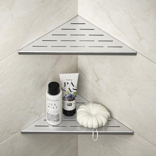 Corner Shower Shelf 10", Brushed | 304 Stainless Steel, Slot Design Shelves, Grout in Bathroom Shower Shelf for Tiled Wall, 2 Pack - color: Brushed, size: 10"-2 Pack