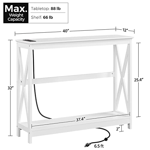 Yaheetech 40" Console Table with 2 Outlet and 2 USB Ports, Wooden Entryway Table with X-Shaped Design, Narrow Sofa Table for Living Room and Hallway,White - color: White