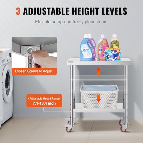 VEVOR Stainless Steel Work Table 30 x 12 x 34 Inch, 700 LBS Load Capacity with 4 Wheels, 3 Adjustable Height Levels, Heavy Duty Food Prep Worktable for Commercial Kitchen Restaurant, Silver - size: 30*12*34In, style: With Caster