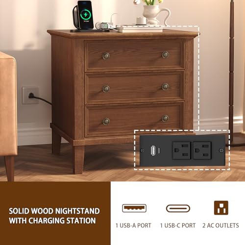 IKENO Solid Wood Nightstand with 3 Drawers, Tall Leg Bedside Table with Charging Station, Farmhouse Night Stand with Wood Slide Rail, Anti-Scratch Foot Pads for Bedroom，Walnut - color: Walnut