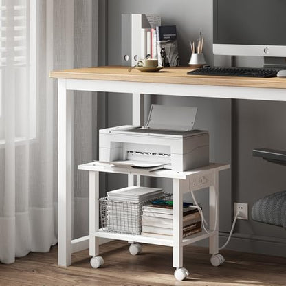 TUTOTAK Printer Stand, 2 Tier Rolling Printer Cart with Charging Station | Small Under Desk Printer Table with Wheels for Small Space, Office, Home, White PS01BW001P - color: White, size: 2 tier(18.9 x 11.8 x 15.4inchs)