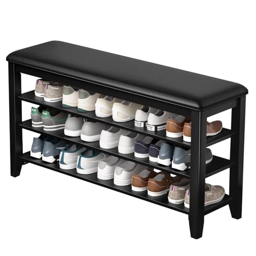 Shoe Rack Bench with 3 Tier Adjustable Shelves Rubberwood Entryway | Hallway organizer, solid wood design, removable shelves, space saving storage, perfect for front doors, family spaces - color: Black, size: 39.4''