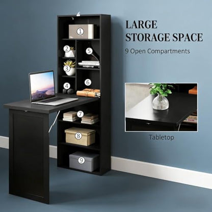 Folding Wall Mounted Desk with Storage, Expandable Hidden Computer Desk, Foldable Space-Saving Pull Out Murphy Table, Writing Table with Blackboard for Home Office Bedroom Small Spaces (Black) - color: Black