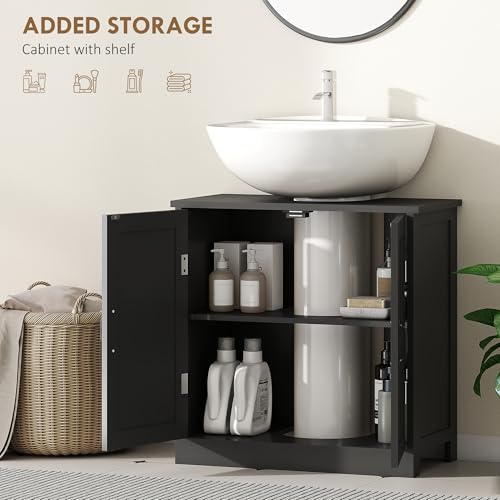 kleankin Pedestal Sink Storage Cabinet, Under Sink Cabinet with 2 Doors and Adjustable Shelf, Bathroom Vanity with U-Shape Cut-Out, Black - color: Black