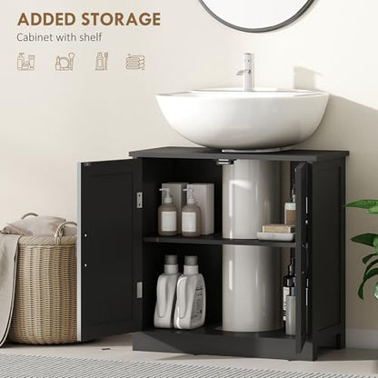 kleankin Pedestal Sink Storage Cabinet, Under Sink Cabinet with 2 Doors and Adjustable Shelf, Bathroom Vanity with U-Shape Cut-Out, Black - color: Black