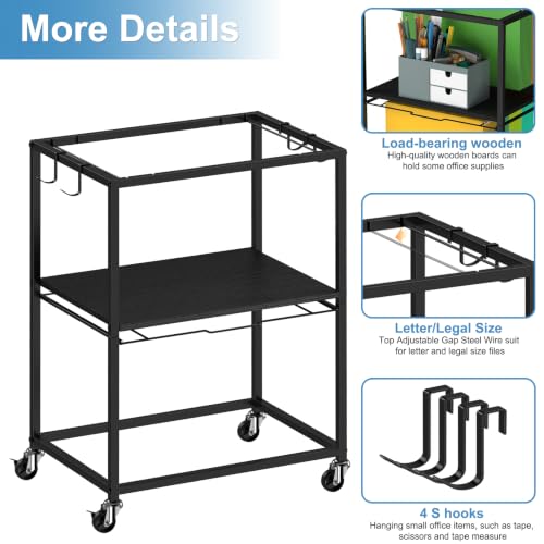 Sunexinlo Rolling File Cart for Letter/Legal Size 2-Tier,Hanging File Organizer, Pull-Out Mobile File Cabinet with 360° Wheels & 4 Hooks, Under Desk Filing Cabinets for Home Office, Black