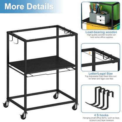 Sunexinlo Rolling File Cart for Letter/Legal Size 2-Tier,Hanging File Organizer, Pull-Out Mobile File Cabinet with 360° Wheels & 4 Hooks, Under Desk Filing Cabinets for Home Office, Black