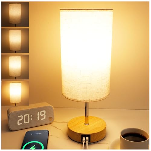UNIFUN Nightstand Lamp, Touch Dimmable with USB-C Charging & Bulb | Includes E26 LED bulb，4 Brightness Levels，USB-A and Type-C ports，Natural wood base paired with a soft linen fabric shade - color: Warm White, size: 1Pack
