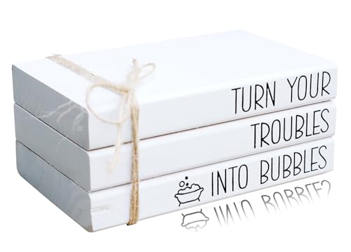 Mini Farmhouse Bathroom Decor - Funny Rustic Wooden Decorative Books Stack for Restroom Shelf Decor - Turn Your Troubles into Bubbles Sign - color: Bathroom