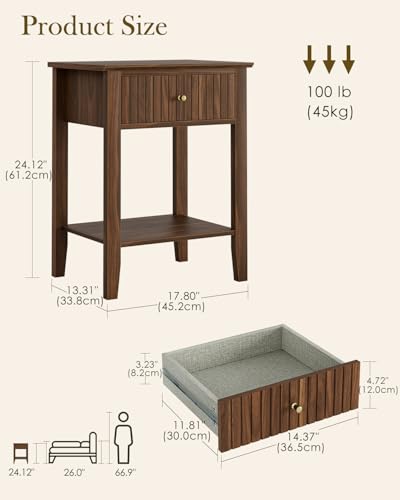 Fluted Nightstand, Farmhouse Night Stand with 1 Drawers, Mid Century Modern Side Accent Table,Bedside End Table for Bedroom, Living Room, Brown - color: Walnut Brown, size: 1 Drawer