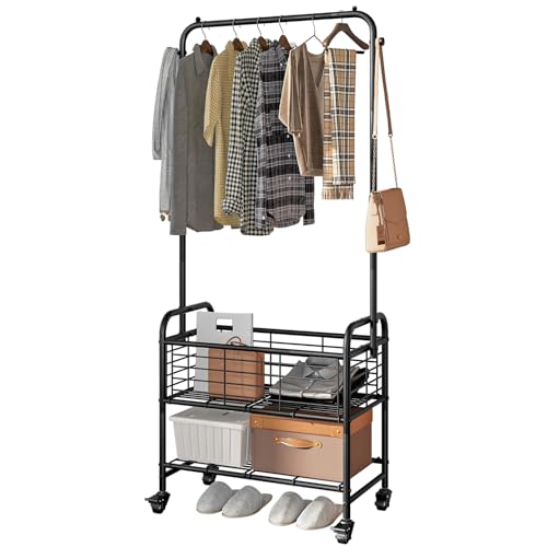 SUOERNUO Laundry Cart with Hanging Rack Rolling Laundry Hamper Sorter with Wheels Shelf,Black - color: Black