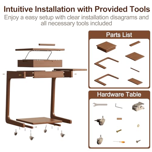 Solid Wood C Shaped End Table for Couch,Walnut C Table with Wheels,Rolling Side Table with Storage,Couch Desk with Adjustable Desktop,Rolling Tv Tray with Folding Shelf,Modern Couch Table - color: Walnut