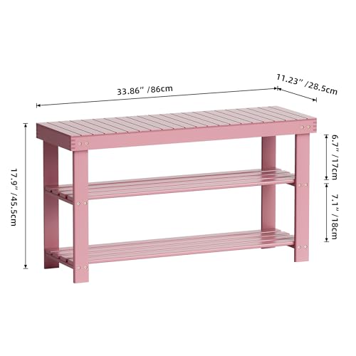 SMIBUY Bamboo Shoe Rack Bench, 3-Tier Shoe Organizer Storage Shelf for Entryway Hallway Bathroom Living Room (Pink) - color: Pink