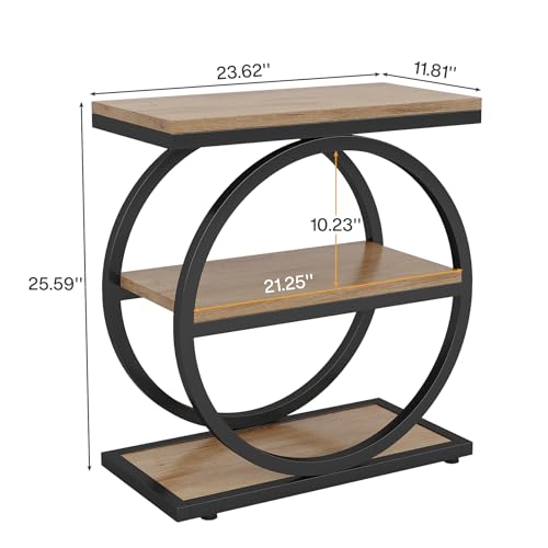Tribesigns Side End Table with 3 Storage Shelves, Industrial Sofa Table with Round Metal Frame for Living Room, Engineered Wood Nightstand for Bedroom, Oak - color: Oak