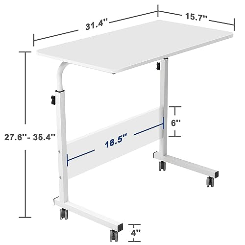 Side Table, 31.5in Adjustable Laptop Stand Portable Cart Tray Bedside Computer Table, Sofa Side Bed Table with Wheels, White - color: White, size: 31.5 inches