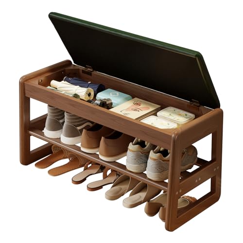 AQIMUELE Shoe Rack Bench,2 Tiers Shoe Bench with Storage with Flip-Top,Wood Shoe Rack for Entryway,Hallway（Green Upholstered Seat,11.8" D x 31.5" W x 15.7" H） - color: Green Upholstered Seat, size: 11.8"D x 31.5"W x 15.7"H