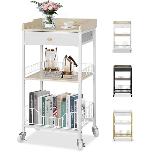 4-Tier Small Side Table with Storage Drawer, Tall Nightstand with Wheels & Basket, Rolling Bathroom Table for Small Spaces, Bedroom, Living Room, Dorm, White and Natural - color: White With Natural