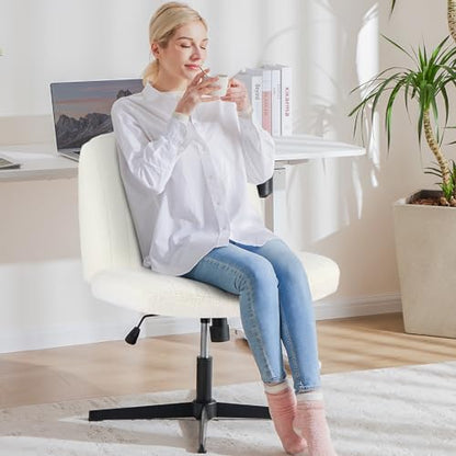 OLIXIS Criss Cross Chair, Vanity Chair, Home Office Desk | Cute Furry Teddy Fleece, Height Adjustable, Armless Wide Seating for Bedroom Student Study Room, Teddy Beige No Wheel - color: Teddy Beige No Wheel
