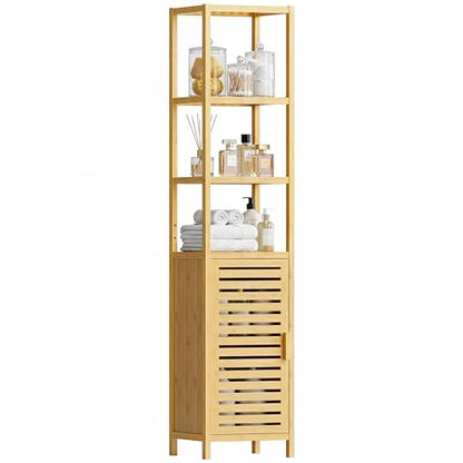 HITNET Bathroom Floor Cabinet, 6 Tier Tall Thin Linen Tower Storage Cabinet Free Standing Bamboo, Kitchen Side Organizer with 3 Shelves and Cupboard, Natural - color: Natural