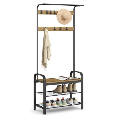 VASAGLE Coat Rack, Hall Tree with Shoe Bench for Entryway, Entryway Bench with Coat Rack, 4-in-1, with 9 Removable Hooks, a Hanging Rod, 13.3 x 28.3 x 72.1 Inches, Honey Brown and Black UHSR040B05 - color: Honey Brown + Black, size: 28.3"W