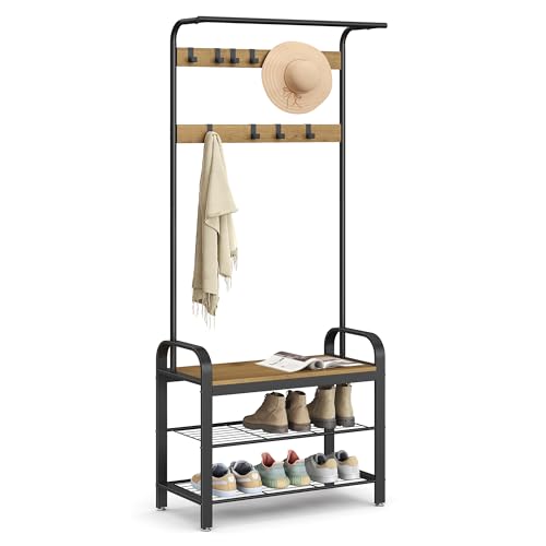 VASAGLE Coat Rack, Hall Tree with Shoe Bench for Entryway, Entryway Bench with Coat Rack, 4-in-1, with 9 Removable Hooks, a Hanging Rod, 13.3 x 28.3 x 72.1 Inches, Honey Brown and Black UHSR040B05 - color: Honey Brown + Black, size: 28.3"W