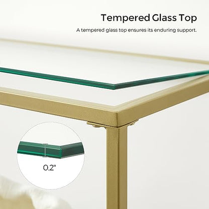 VASAGLE 51.2 Inch Console Table with 3 Shelves, Sofa Tables, Modern Entryway Table, Metal Frame, Tempered Glass Shelf, Entryway Living Room Bedroom, Metallic Gold and Transparent ULGT024A01 - color: Metallic Gold + Transparent, size: 51.2"W