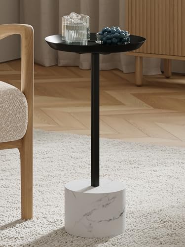 Round Metal Drink Table with Black Top and Faux Marble Base – Small Pedestal Side Table for Living Room, Bedroom, or Office – Modern Black Round Cocktail Table, Easy Assembly, Scratch-Resistant - color: Black, style: Cylinder Base