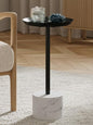 Round Metal Drink Table with Black Top and Faux Marble Base – Small Pedestal Side Table for Living Room, Bedroom, or Office – Modern Black Round Cocktail Table, Easy Assembly, Scratch-Resistant - color: Black, style: Cylinder Base