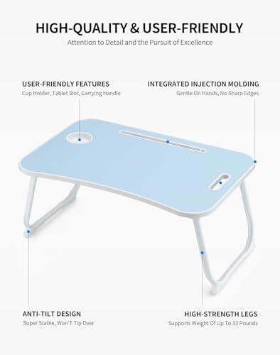 ZEAPTAC Laptop Bed Desk, Foldable Lap Desk, Portable Lap Table, Laptop Stand with Cup Holder, Tablet Slot & Lifting Handle for Work, Write, Draw & Eat on Bed, Sofa or Couch - Blue