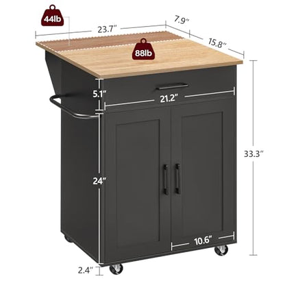 MAHANCRIS Kitchen Island on Wheels with Drop Leaf, Folding Countertop Kitchen Island Cart, Kitchen Islands Table with Towel Rack, Drawer, for Kitchen, Dining Room, Black and Natural KINB12501 - color: Black and Natural