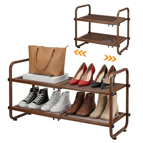 Expandable Shoe Rack for Closet,Metal Shoe Storage,Brown-2 Tier | Adjustable Shoe Organizer for Entryway, Stackable Long Shoe Stand Holder for Garage, Hallway, Door Entrance - color: Brown, size: 2 Tier