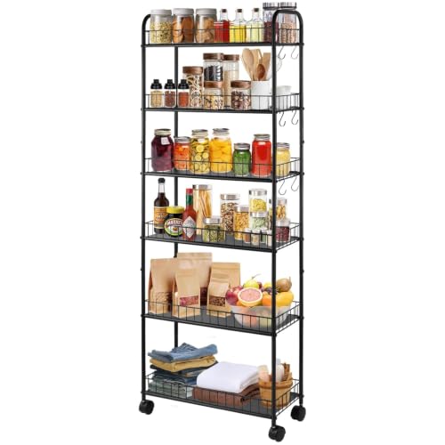 6-Tier Slim Rolling Storage Cart with Wheels, Narrow Metal Organizer Shelf Unit for Kitchen, Bathroom, Laundry Room, Office, Garage, Mobile Utility Storage Rack, Black, 10" Wide - size: 10" Wide