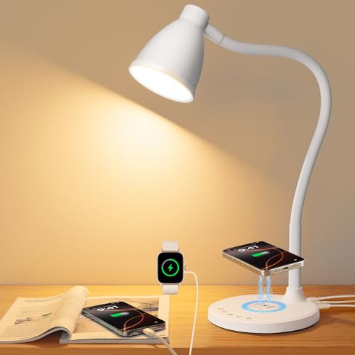 BOHON LED Desk Lamp for Home Office with USB C Charging Wireless Charger | 5 Colors, Stepless Dimming Desk Light Timer Reading Light Touch Bedside Table Lamp for College Dorm Room - color: White