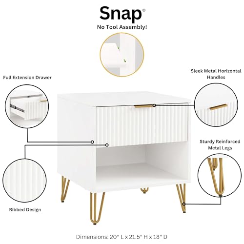JOSHEN Sturdy Metal Legs Nightstand, Bedside Stand with Textured Drawer, Accent Table for Bedroom for Indoor use, White - color: White