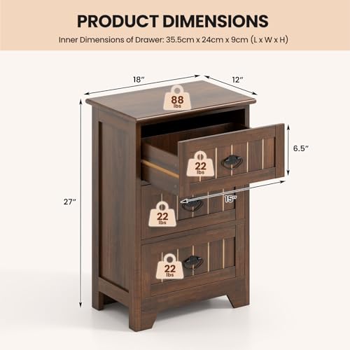 Giantex Nightstand with 3 Drawers, Bedside Table with Exquisite Metal Handles, Accent Table Sofa Side Table with Anti-toppling Device for Bedroom, Study, Walnut - color: Walnut
