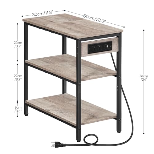 HOOBRO End Table with Charging Station, Side Table with 3 Tier Storage Shelf, Narrow Nightstand for Small Spaces, for Living Room, Bedroom, Easy Assembly, Greige and Black BG149UBZ01 - color: Greige + Black