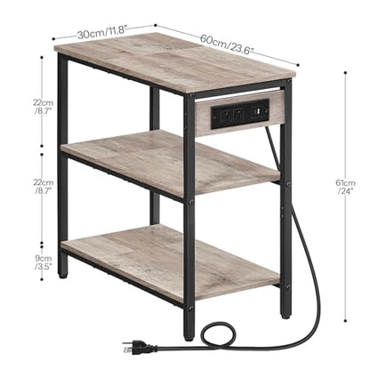 HOOBRO End Table with Charging Station, Side Table with 3 Tier Storage Shelf, Narrow Nightstand for Small Spaces, for Living Room, Bedroom, Easy Assembly, Greige and Black BG149UBZ01 - color: Greige + Black