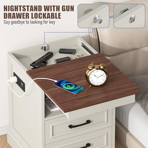 18" Farmhouse Accent Nightstand with Charging Station, Brown | End Table with 3 Drawers Storage, Side Table, Bedside Cabinet for LivingRoom Bedroom Office - color: Brown