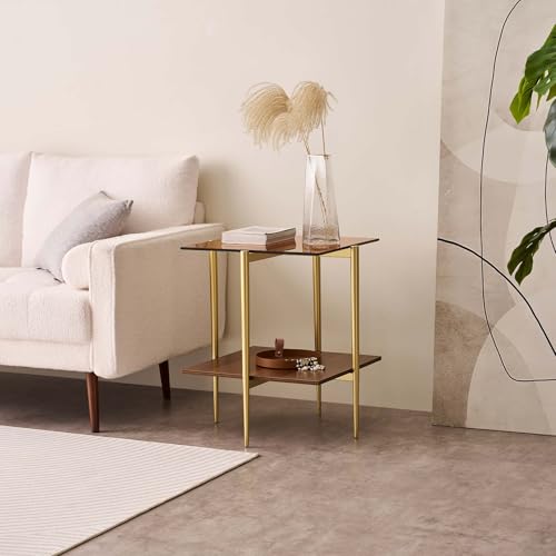 LumFurn Glass End Table, Mid-Century Modern Design Sofa Table, L41 x W21 x H17, for Living Room, 2-Tier Structure, Clear Glass Top and Walnut MDF Shelf, Sleek Conical Metal Legs with Gold Finish Frame - color: Amber & Walnut, size: L41" End Table