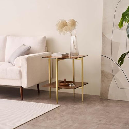 LumFurn Glass End Table, Mid-Century Modern Design Sofa Table, L41 x W21 x H17, for Living Room, 2-Tier Structure, Clear Glass Top and Walnut MDF Shelf, Sleek Conical Metal Legs with Gold Finish Frame - color: Amber & Walnut, size: L41" End Table