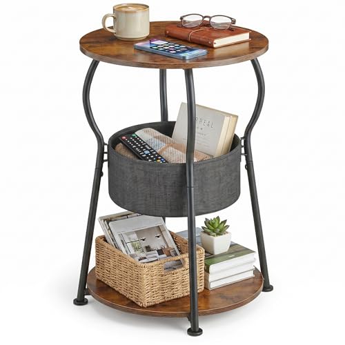 Small Round Side Table with Storage Bag, 3-Tier Accent Round End Table with Storage Shelves for Living Room, 21.6" H Vintage Small Corner Table for Smalls Spaces (D - 15.8 in Rustic Brown) - color: D - 15.7 in Rustic Brown
